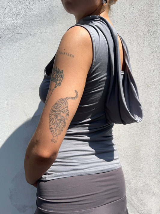 grey cowl neck top
