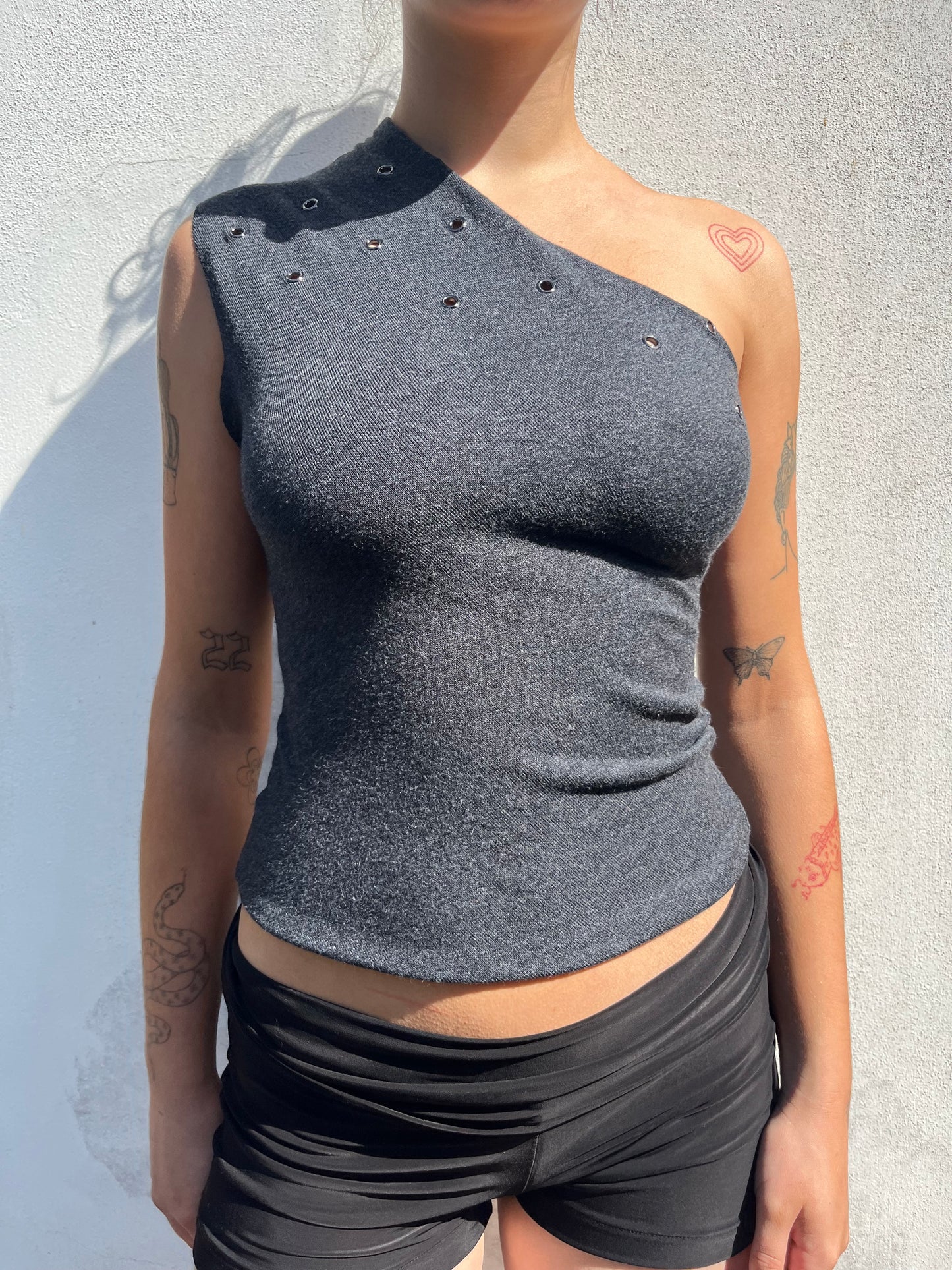 dark grey eyelet top