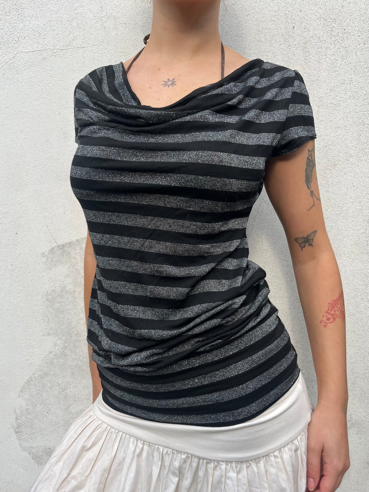 black and silver stripy top