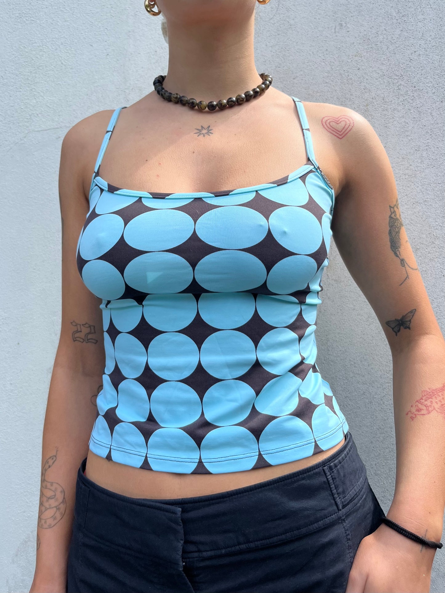 blue and brown polka dot cami