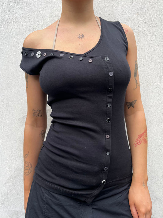 black asymmetric button top
