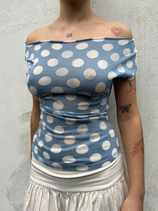 polka dot off the shoulder top in blue