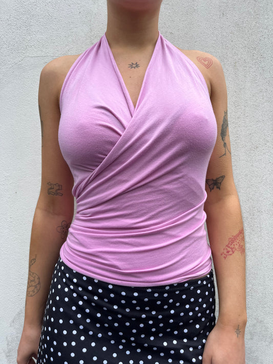 pink wrap halter neck top