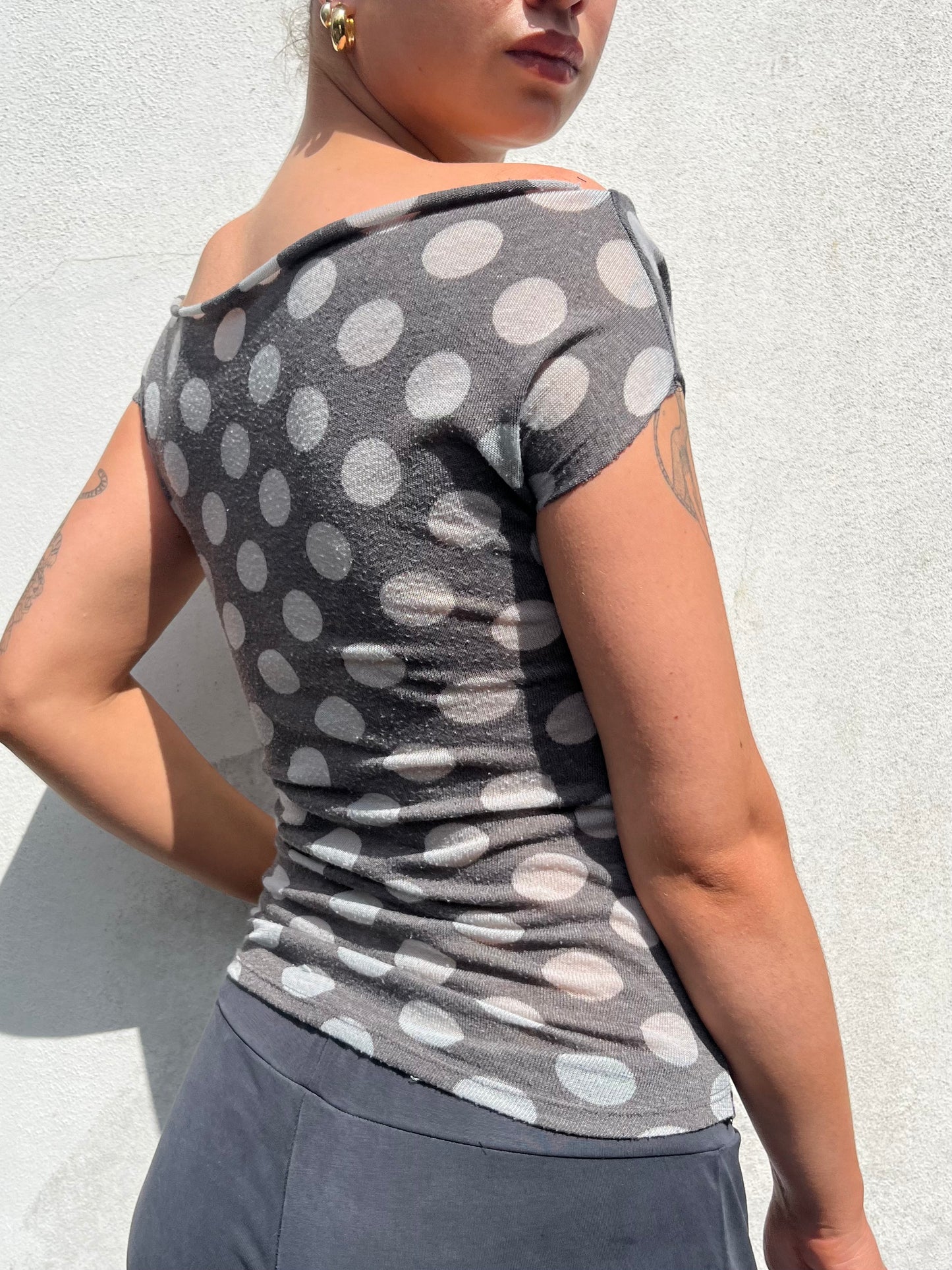 polka dot off the shoulder top in grey