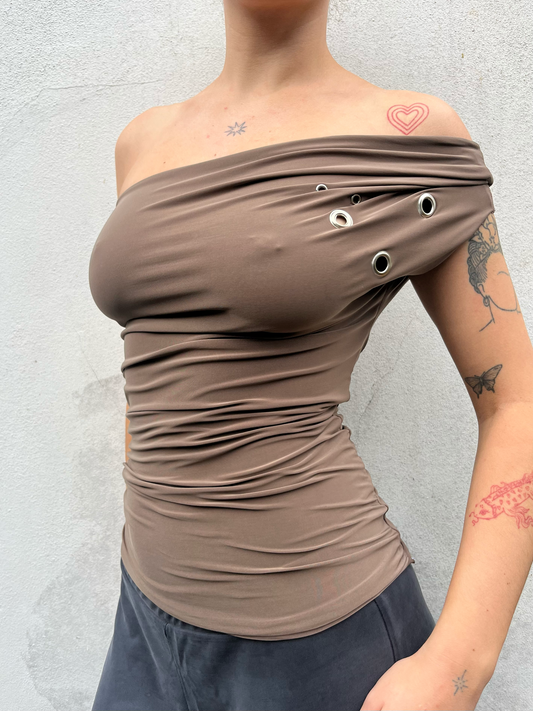 one shoulder eyelet top in mocha