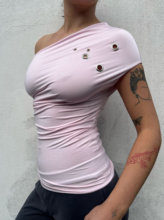 one shoulder eyelet top in pale pink