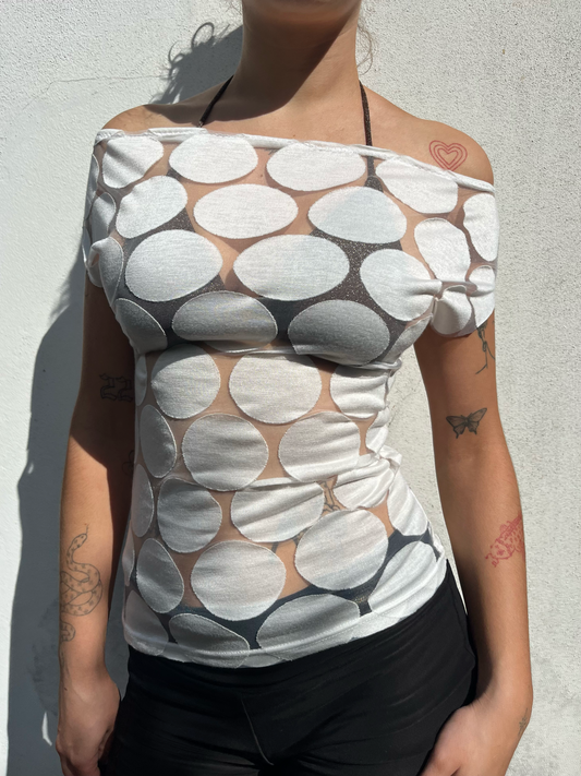 white polka dot top