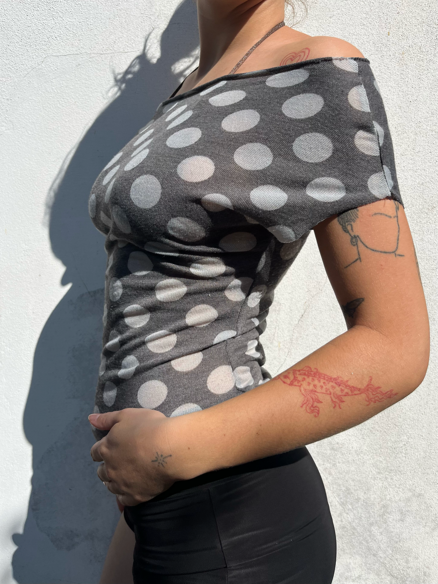 polka dot off the shoulder top in brown